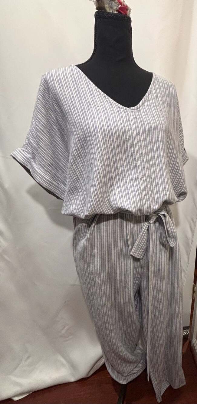 Susina Linen Blend Striped Tie Waist Jumpsuit Size L